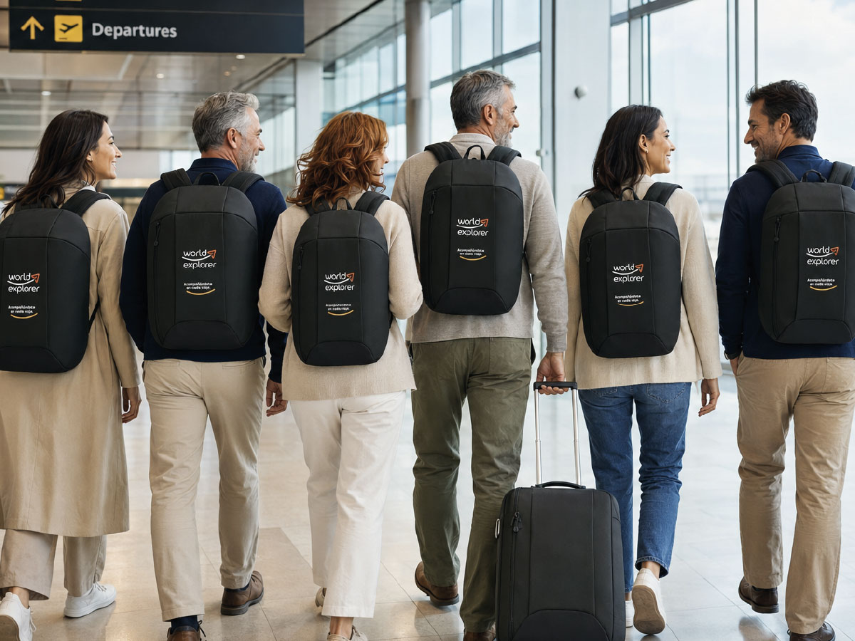 Mochila institucional y merchandising de viaje para World Explorer por TramaHub
